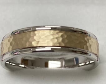 Two Tone Gold Wedding Bands,6mm 14K White & Yellow Gold Mens Wedding Rings, Hammered Finish Mens Wedding Bands, Rings for Men, Gifts for Him