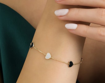 Heart Bracelet, 14K Solid Yellow Gold Onyx Heart Bracelet, Mother of Pearl Heart Station Bracelet, Minimalist Heart Bracelet, Heart Charm