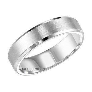 6mm 10K 14K 18K Solid White Gold Wedding Bands, Satin Finish Beveled Edge Mens Wedding Ring, Mens Wedding Band, Comfort Fit, Polished