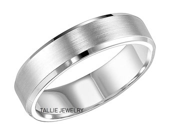 Mens and Womens Wedding Bands, Satin Finish Beveled Edge Mens Ring, 6mm 10K 14K 18K Solid White Gold Wedding Bands, Comfort Fit