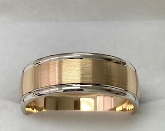 Two Tone Gold Wedding Bands, 6mm,10K,14K,18K White and Yellow Gold Mens Wedding Rings, Two Tone Gold Mens Wedding Bands, Mens Wedding Rings