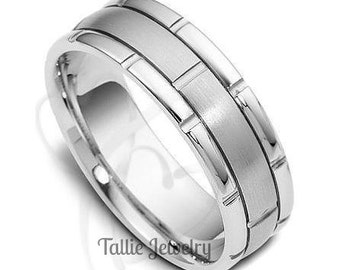 Mens White Gold Wedding Bands, Satin Finish and Shiny Finish Mens Wedding Rings, 7mm 10K 14K 18K Solid White Gold Mens Wedding Bands