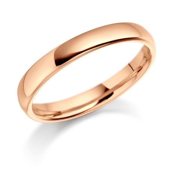 14K Solid Rose Gold Wedding Band, Shiny Finish Dome Plain Mens