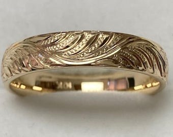 Hand Engraved Wedding Band, Hand Engraved Wedding Ring, 5mm 10K 14K 18K Solid Yellow Gold Hand Engraved Mens and Womens Wedding Bands