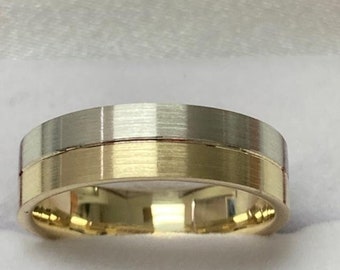 Two Tone Gold Wedding Bands ,Satin and Shiny Finish Mens Wedding Rings, 6mm 10K 14K 18K Solid White and Yellow Gold Mens Wedding Bands