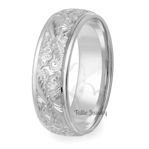 Hand Engraved Wedding Band, Hand Engraved Wedding Ring, 7mm 10K 14K 18K White Gold Hand Engraved Mens Wedding Bands, Rings for Men