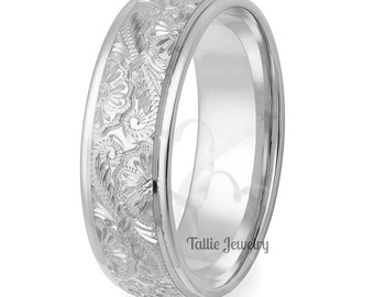 Hand Engraved Wedding Band, Hand Engraved Wedding Ring, 7mm 10K 14K 18K White Gold Hand Engraved Mens Wedding Bands, Rings for Men