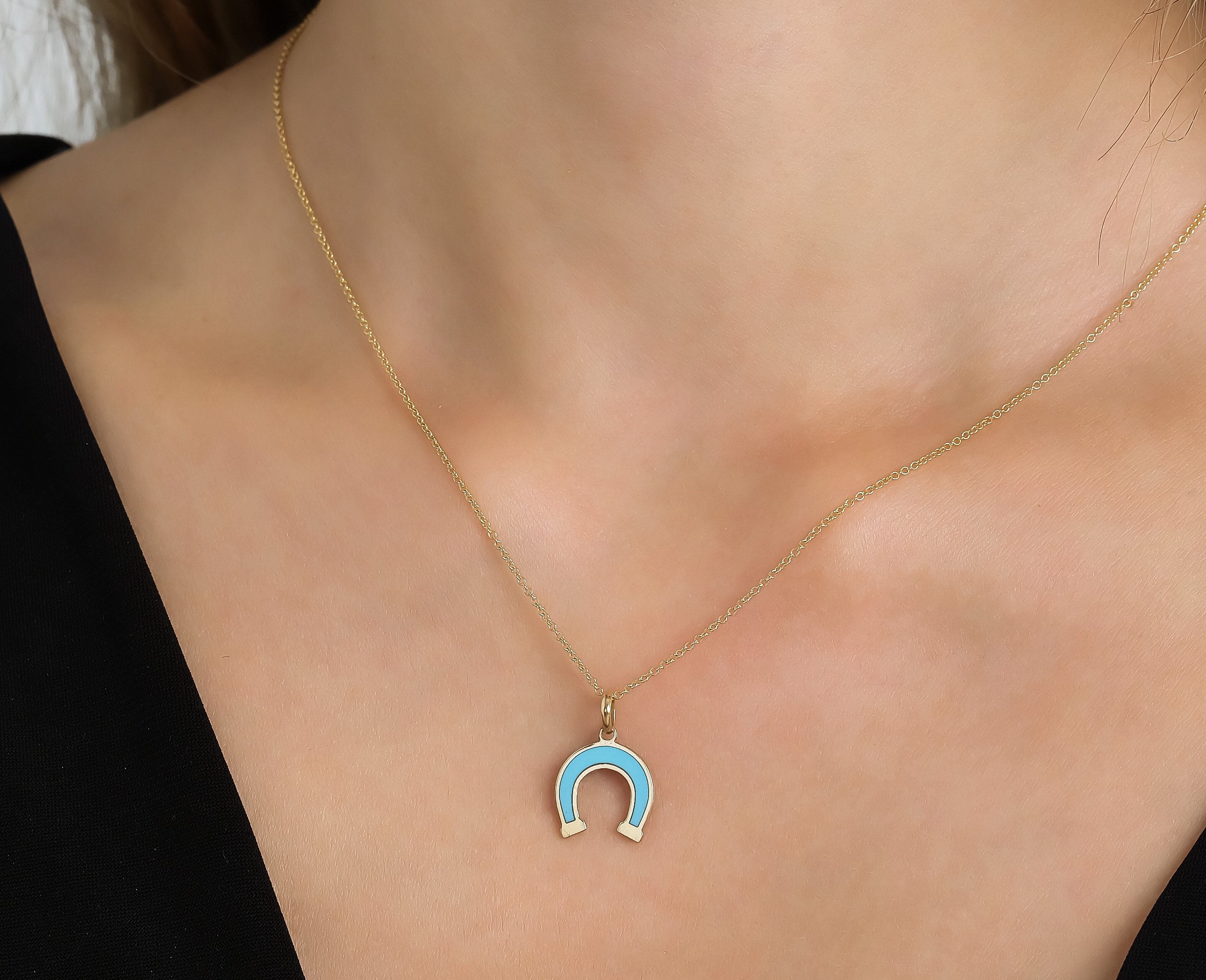 Turquoise Horseshoe Necklace 14K Solid Yellow Gold Horseshoe Necklace Horseshoe Pendant Good Luck Charm Dainty Horseshoe Charm Etsy