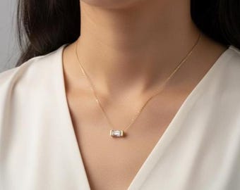 14K Solid Yellow Gold Baguette Diamond CZ Solitaire Necklace