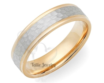 Two Tone Gold Wedding Bands, Hammered Finish Mens Wedding Rings, 6mm 10K 14K 18K White and Yellow Gold Mens Wedding Bands, Rings for Men