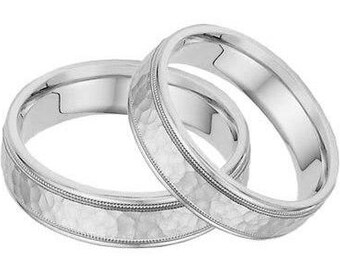 His and Hers Wedding Rings Set, Matching Wedding Bands, 6mm 10K 14K 18K Solid White Gold Hammered Finish Mens and Womens Wedding Rings