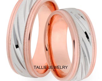 His and Hers  Wedding Bands, Matching Wedding Rings Set, 14K White and Rose Gold Mens and Womens Wedding Bands