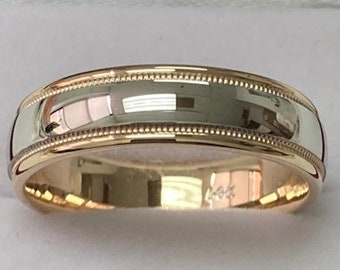 Two Tone Gold Wedding Bands, Shiny Finish Milgrain Wedding Rings, 6mm 10K 14K 18K White & Yellow Gold Mens Wedding Bands, His and Hers Rings