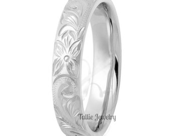 4mm 10K 14K 18K Solid White Gold Wedding Band, Hand Engraved Wedding Ring for Mens & Womens,, Hand Engraved Wedding Bands, Mens Wedding Band
