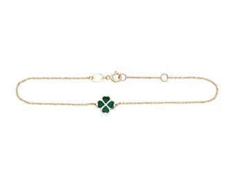14K Solid Yellow Gold Minimalist Malachite Four Leaf Bracelet, Small Malachite Bracelet, Irish Clover Bracelet