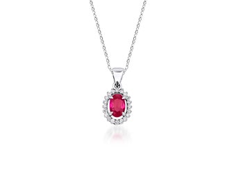 14K Solid White Gold Ruby and Diamond Solitaire Necklace ,Oval Ruby Solitaire Necklace ,Ruby Necklace, Diamond Necklace, July Birthstone