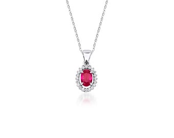 14K Solid White Gold Ruby and Diamond Solitaire Necklace ,Oval Ruby Solitaire Necklace ,Ruby Necklace, Diamond Necklace, July Birthstone