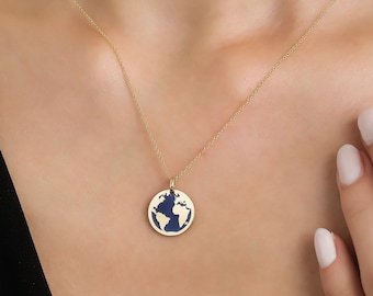 14K Yellow Gold World Map Necklace, Lapis World Map Necklace, Earth Pendant, World Globe Pendant, Earth Charm , Wanderlust Necklace