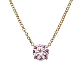 14K Solid Yellow Gold Pink Sapphire Solitaire Necklace,5mm Round Pink Sapphire Necklace, September Birthstone, Gemstone Necklace,