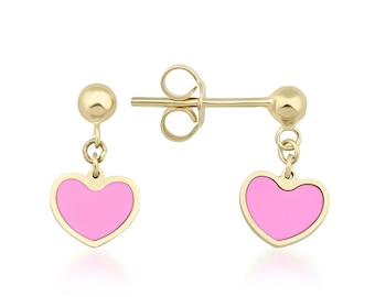 14K Solid Yellow Gold Heart Earrings, Pink Heart Earrings, Minimalist Dangle Heart Earrings, Heart Stud Earrings, Huggies Earrings