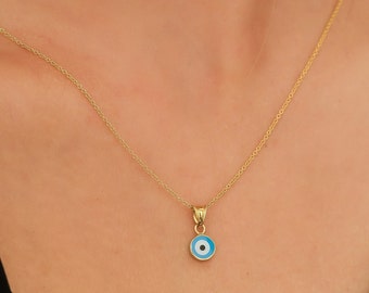 14K Solid Yellow Gold Evil Eye Necklace, Round Evil Eye Necklace,  Evil Eye Pendant, Nazar Necklace, Kabbalah, Good Luck Charm,Nazar Pendant