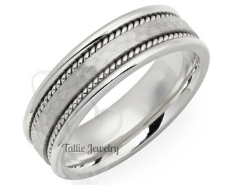 Hammered Finish Mens Wedding Bands, 6mm,10K,14K,18K Solid Yellow Gold Rope Braided Mens Wedding Rings