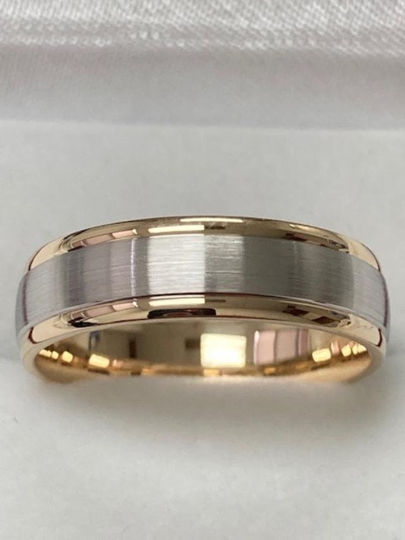 Two Tone Gold Wedding Bands, 6mm 10K 14K 18K White and Yellow Gold