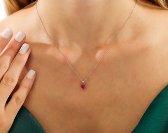 14K Solid White Gold Ruby and Diamond Solitaire Necklace ,Pear Shape Ruby Necklace , Diamond Necklace,July Birthstone, Gemstone