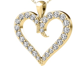 14K Solid Yellow Gold 0.45 Carat Diamond Heart Necklace, Diamond Heart Pendant, Diamond Necklace, Valentines Day Gifts