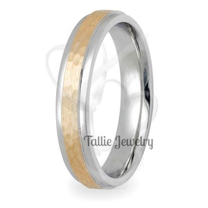 Two Tone Gold Wedding Bands, Hammered Finish Wedding Ring For Mens and Womens, 4mm 10K 14K 18K Solid White and Yellow Gold Wedding Bands
