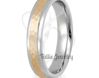 Two Tone Gold Wedding Bands, Hammered Finish Wedding Ring For Mens and Womens, 4mm 10K 14K 18K Solid White and Yellow Gold Wedding Bands