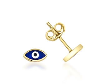 14K Solid Yellow Gold Evil Eye Earrings, Minimalist Evil Eye Earrings, Stud Earrings, Gold Earrings