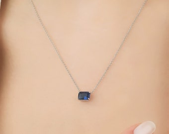 Sapphire Necklace, 14K Solid White Gold Sapphire Solitaire Necklace, 6mm Prong Set Emerald Cut Blue Sapphire Necklace, September Birthstone