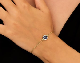 14K Solid Yellow Gold Evil Eye Bracelet, Round Evil Eye Bracelet, Minimalist Evil Eye Bracelet, Protection Jewelry, Gold Evil Eye