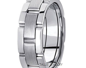 Mens White Gold Wedding Bands, 8mm 10K 14K 18K Solid White Gold Mens Wedding Ring, Satin Finish  and Shiny Finish Mens Wedding Band