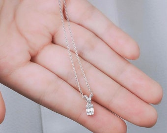 14K White Gold Baguette Diamond Solitaire Necklace, Minimalist Natural Diamond Necklace, Layering Diamond Necklace, Gifts for Her