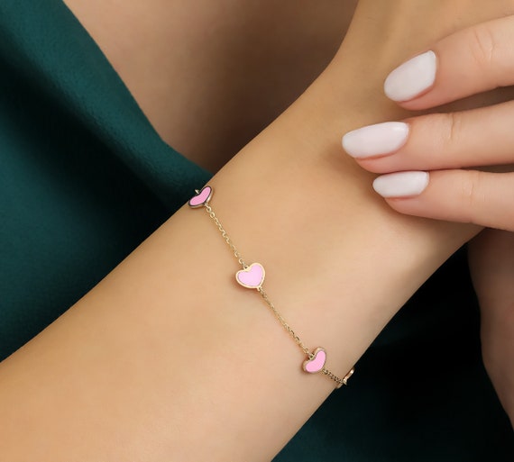 14K Solid Yellow Gold Heart Bracelet Pink Heart Station Bracelet Minimalist Heart Bracelet Valentines Day Gifts Heart Bracelet Pink