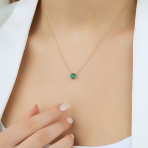 14K Yellow Gold Emerald Necklace, 6mm Prong Setting Emerald Solitaire Necklace, May Birthstone, Gemstone, Green Emerald, Womens Necklace