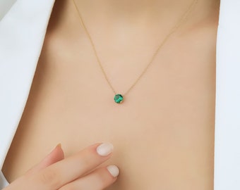 14K Yellow Gold Emerald Necklace, 6mm Prong Setting Emerald Solitaire Necklace, May Birthstone, Gemstone, Green Emerald, Womens Necklace