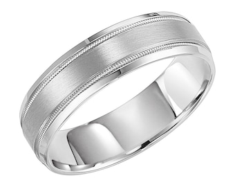 Mens Wedding Band, Mens Wedding Ring, 6mm 10K 14K 18K Solid White Gold Wedding Bands, Rings for Men , Milgrain , Comfort Fit, Satin Finish