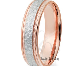 Two Tone Gold Hammered Finish Mens Wedding Bands, 6mm 10K 14K 18K Solid White and Rose Gold Mens Wedding Rings, Two Tone Rings