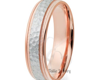 Two Tone Gold Hammered Finish Mens Wedding Bands, 6mm 10K 14K 18K Solid White and Rose Gold Mens Wedding Rings, Two Tone Rings