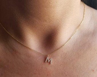 Diamond Initial Necklace ,14K Solid Yellow Gold Diamond Letter Necklace, Personalized Necklace ,Letter M Necklace, Layering Diamond Necklace