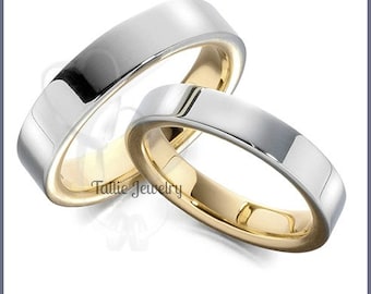 His and Hers Platinum Wedding Bands, 18K Yellow Gold and Platinum Wedding Rings, Matching Wedding Bands Set, Two Tone Gold Wedding Bands