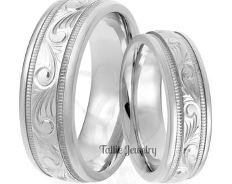 His & Hers Hand Engraved Wedding Rings, Matching Wedding Bands Set , 7mm 10K 14K 18K Solid White Gold Hand Engraved Wedding Bands