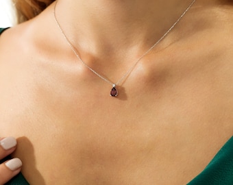 14K Solid White Gold Diamond Solitaire Necklace ,Pear Shape Natural Garnet and Diamond Necklace ,Gemstone Necklace, January Birthstone
