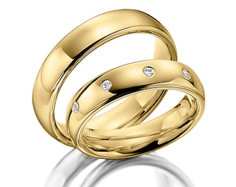 His and Hers Wedding Bands, Matching Wedding Rings Set, Mens and Womens Diamond Wedding Rings, 10K 14K 18K Solid Yellow Gold Wedding Bands