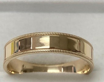 Mens and Womens Plain Wedding Bands, 10k,14K,18K Solid Yellow Gold Wedding Band, Flat , Milgrain ,Shiny Finish ,Comfort Fit