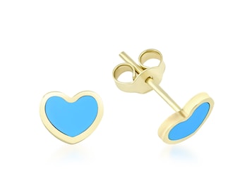 14K Solid Yellow Gold Heart Earrings, Turquoise Heart Earrings, Heart Stud Earrings, Minimalist Push Back Stud Earrings, Turquoise  Earrings