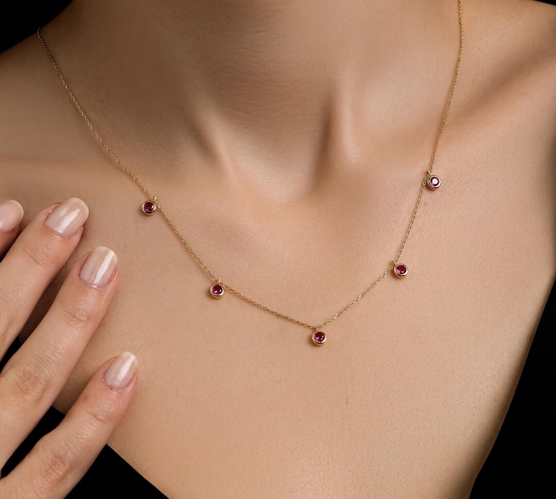 14K Solid Yellow Gold Ruby Necklace, Ruby Station Necklace, Bezel Set ...